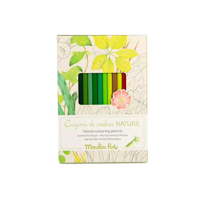 12 CRAYONS DE COULEUR NATURE ET 3 CARTES À COLORIER " LE JARDIN DU MOULIN"