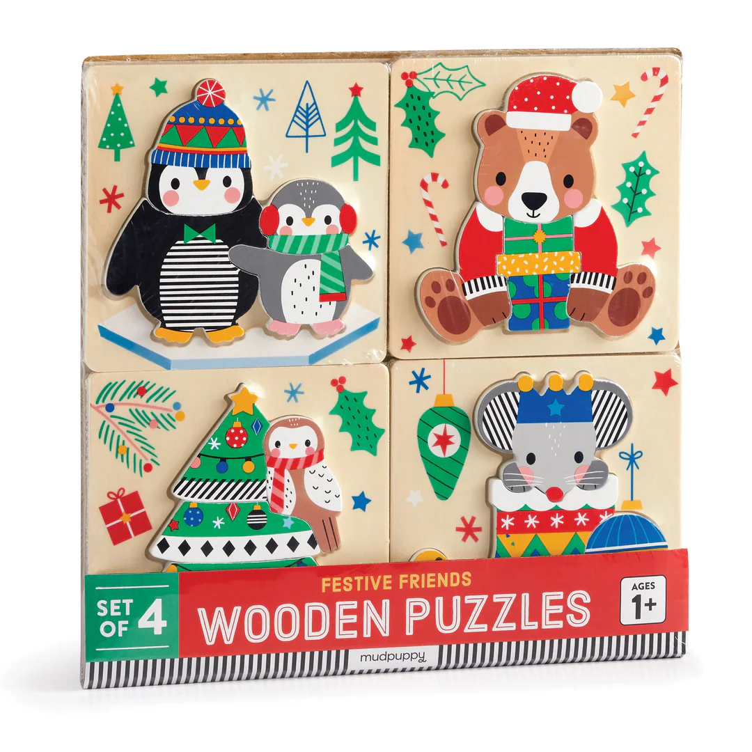 ENSEMBLE DE 4 CASSE-TÊTES EN BOIS "AMIS FESTIFS DE NOËL"